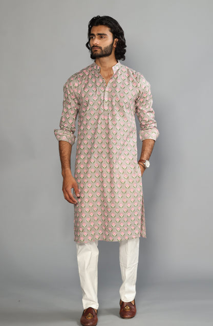 Thunder Grey Sanganeri Booti Print Kurta With White Pyjama