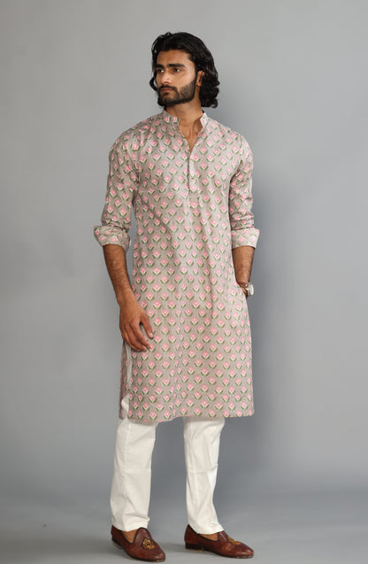 Thunder Grey Sanganeri Booti Print Kurta With White Pyjama