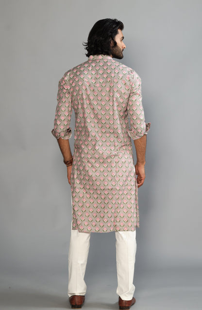 Thunder Grey Sanganeri Booti Print Kurta With White Pyjama