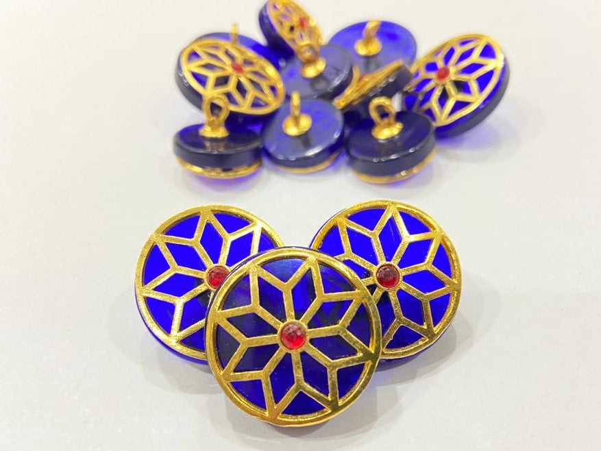 Handmade Emerald Blue Golden Flower Meenakari Buttons
