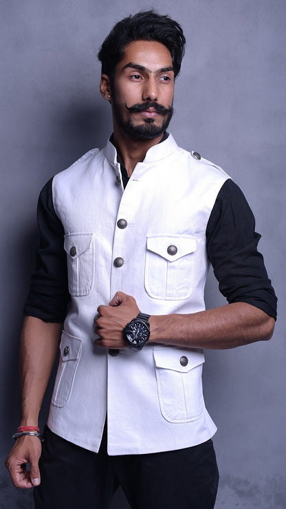 White Color Semi Hunting Jodhpuri Jacket