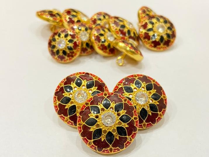 Handmade Red and Black Mughal Flower Buttons