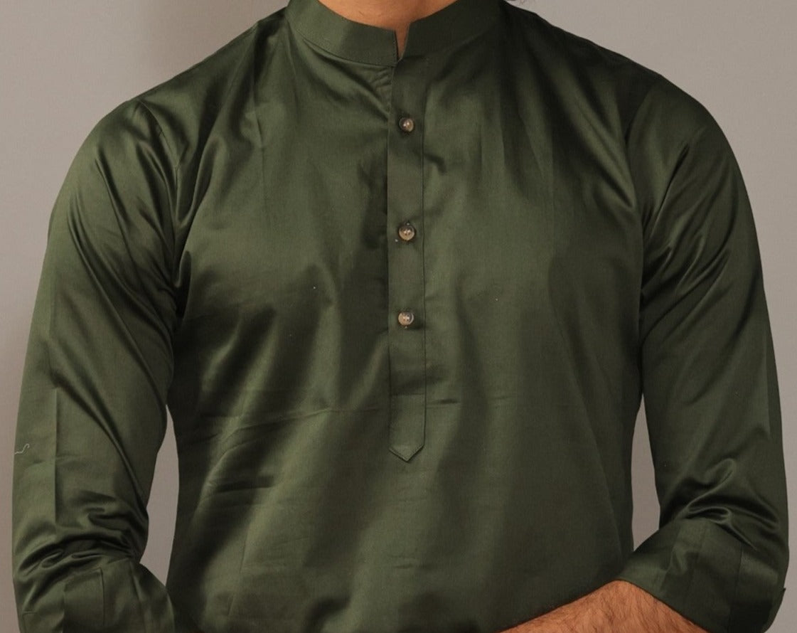 Dark Green Color Short Kurta Pajama Set