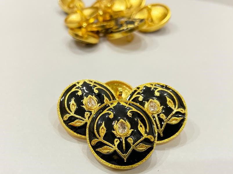 Handmade Black Meena Golden Petal Flower Buttons