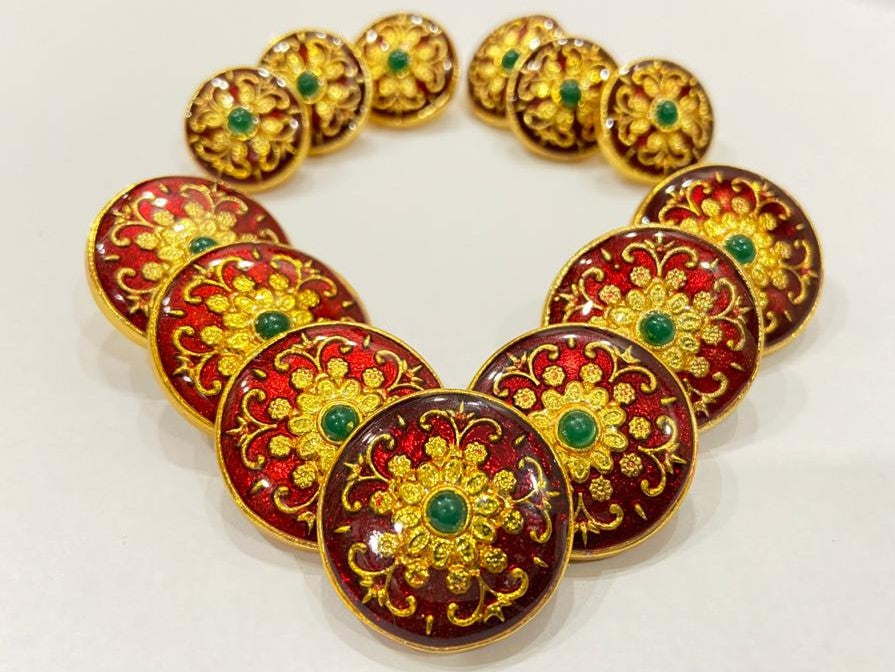 Handmade Red Meena Green Motif Golden Flower Buttons