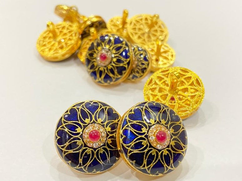 Handmade Golden Bordered Flower Blue Meena Red Motif Buttons