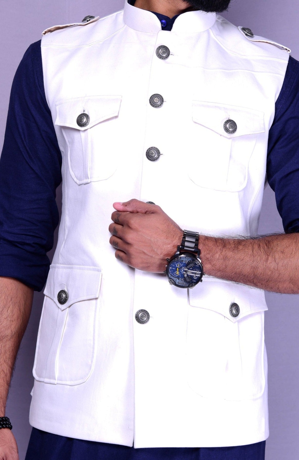 White Color Semi Hunting Jodhpuri Jacket