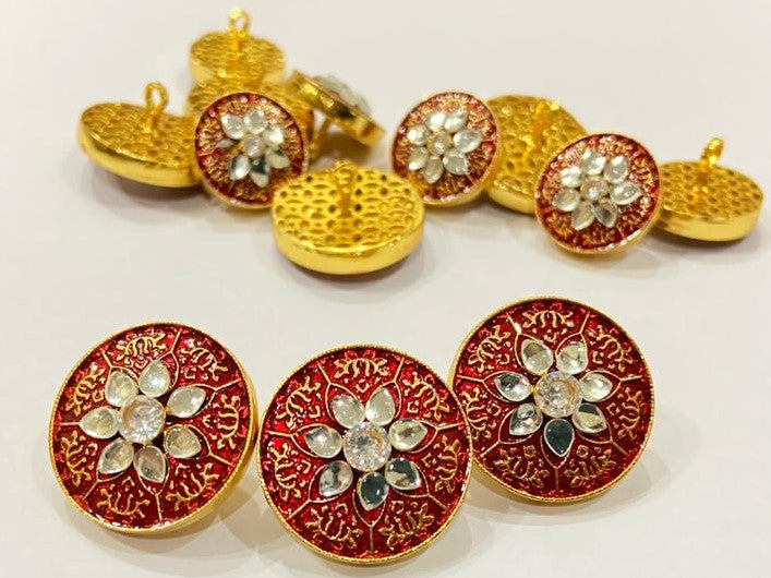 Handmade White Flower Red Meenakari Buttons