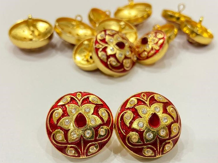 Handmade Red Meena Golden Orchid Button