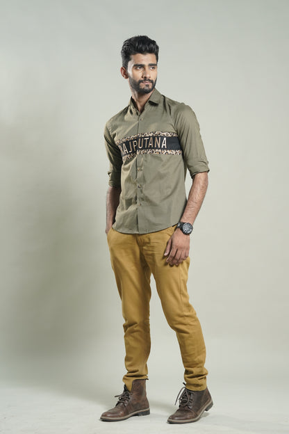 Solid Cotton Tiger Print Stripe Moss Green Rajputana Shirt