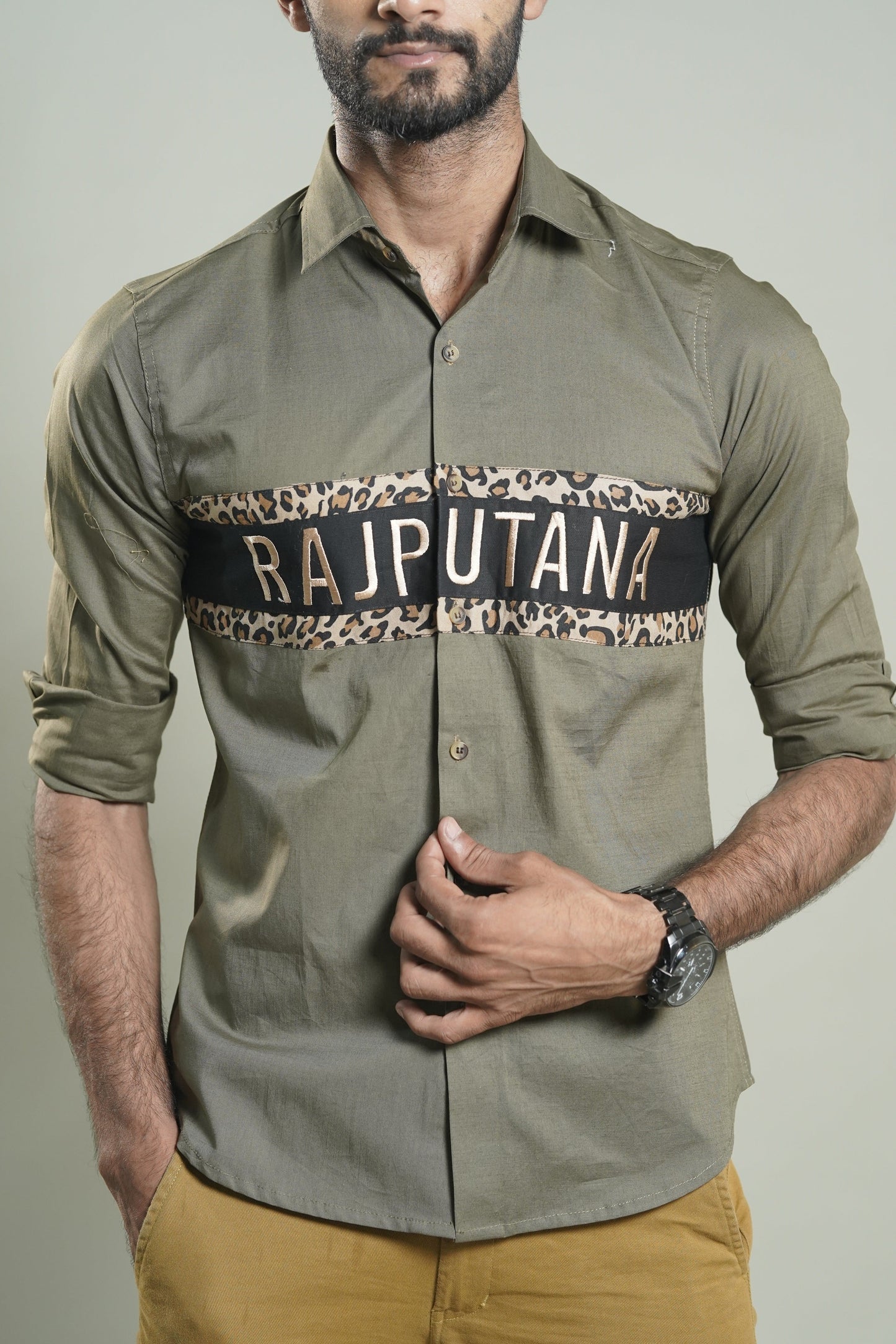 Solid Cotton Tiger Print Stripe Moss Green Rajputana Shirt
