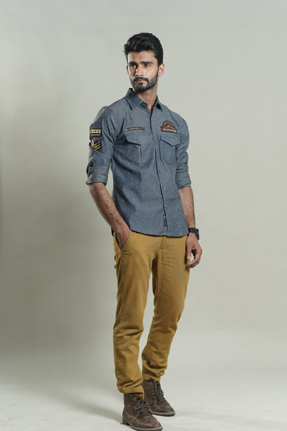 Grey Denim Rajputana Shirt with Zipper detail