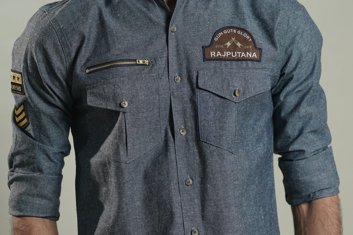 Grey Denim Rajputana Shirt with Zipper detail