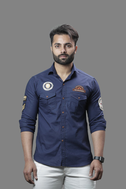 Navy Blue Pure Semi Hunting Style Rajputana Shirt