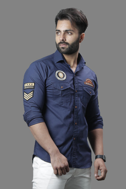 Navy Blue Pure Semi Hunting Style Rajputana Shirt