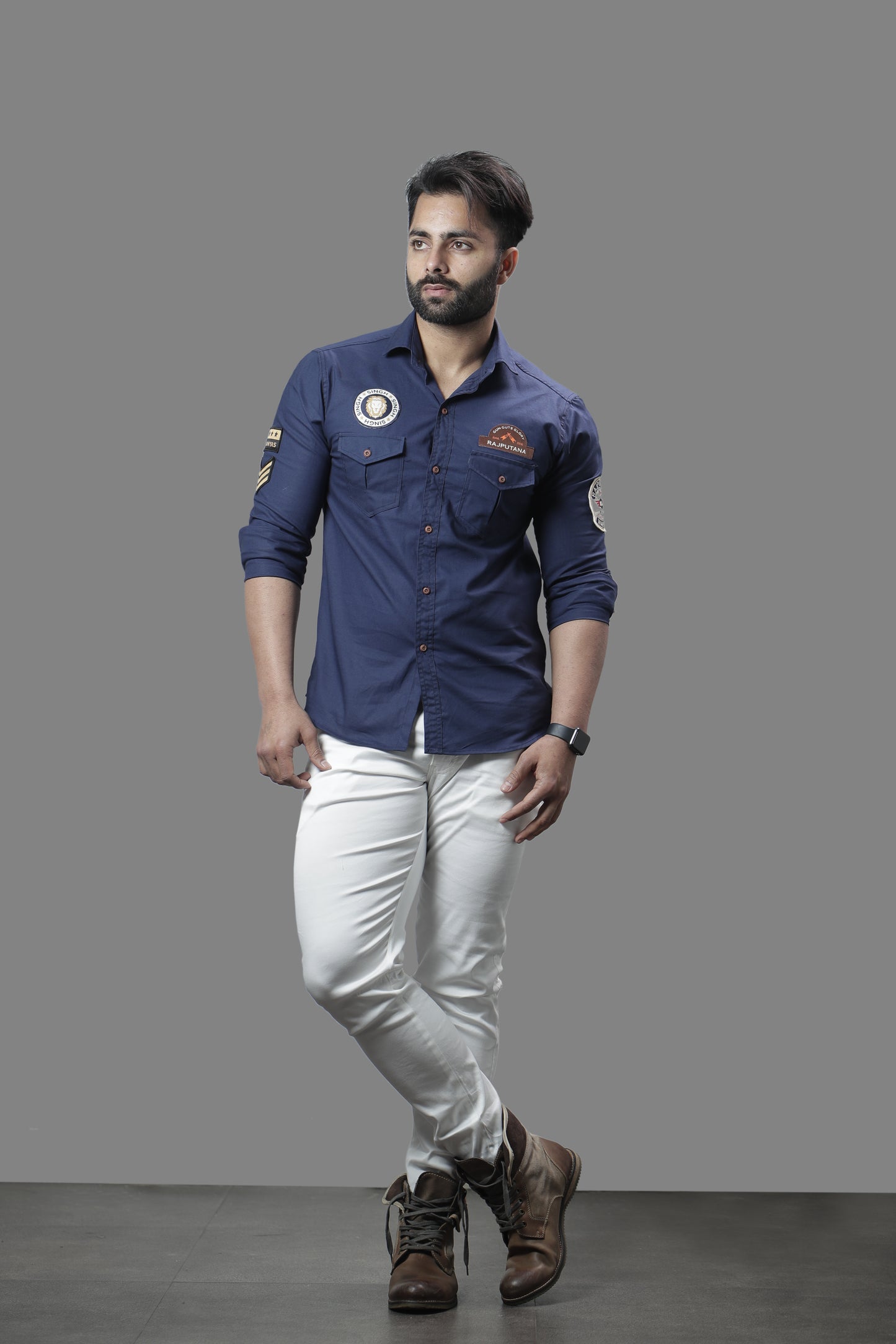 Navy Blue Pure Semi Hunting Style Rajputana Shirt