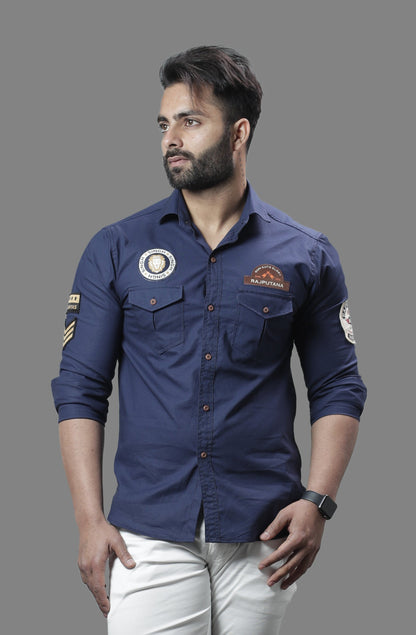 Navy Blue Pure Semi Hunting Style Rajputana Shirt