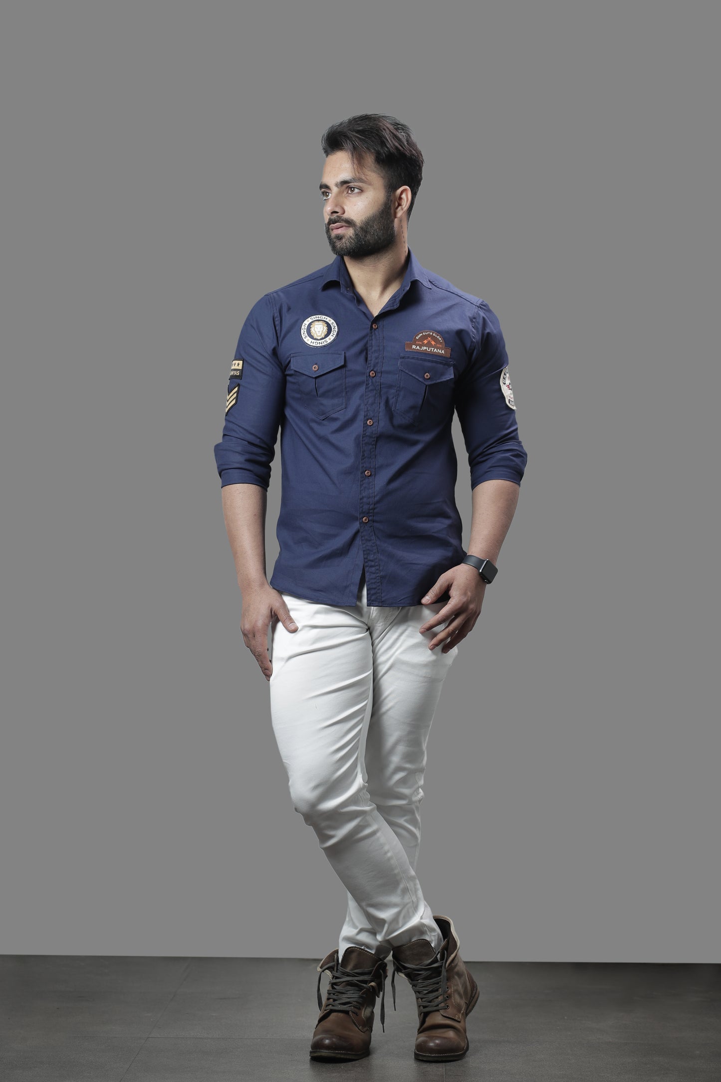 Navy Blue Pure Semi Hunting Style Rajputana Shirt