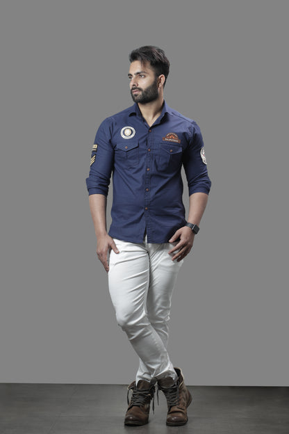 Navy Blue Pure Semi Hunting Style Rajputana Shirt