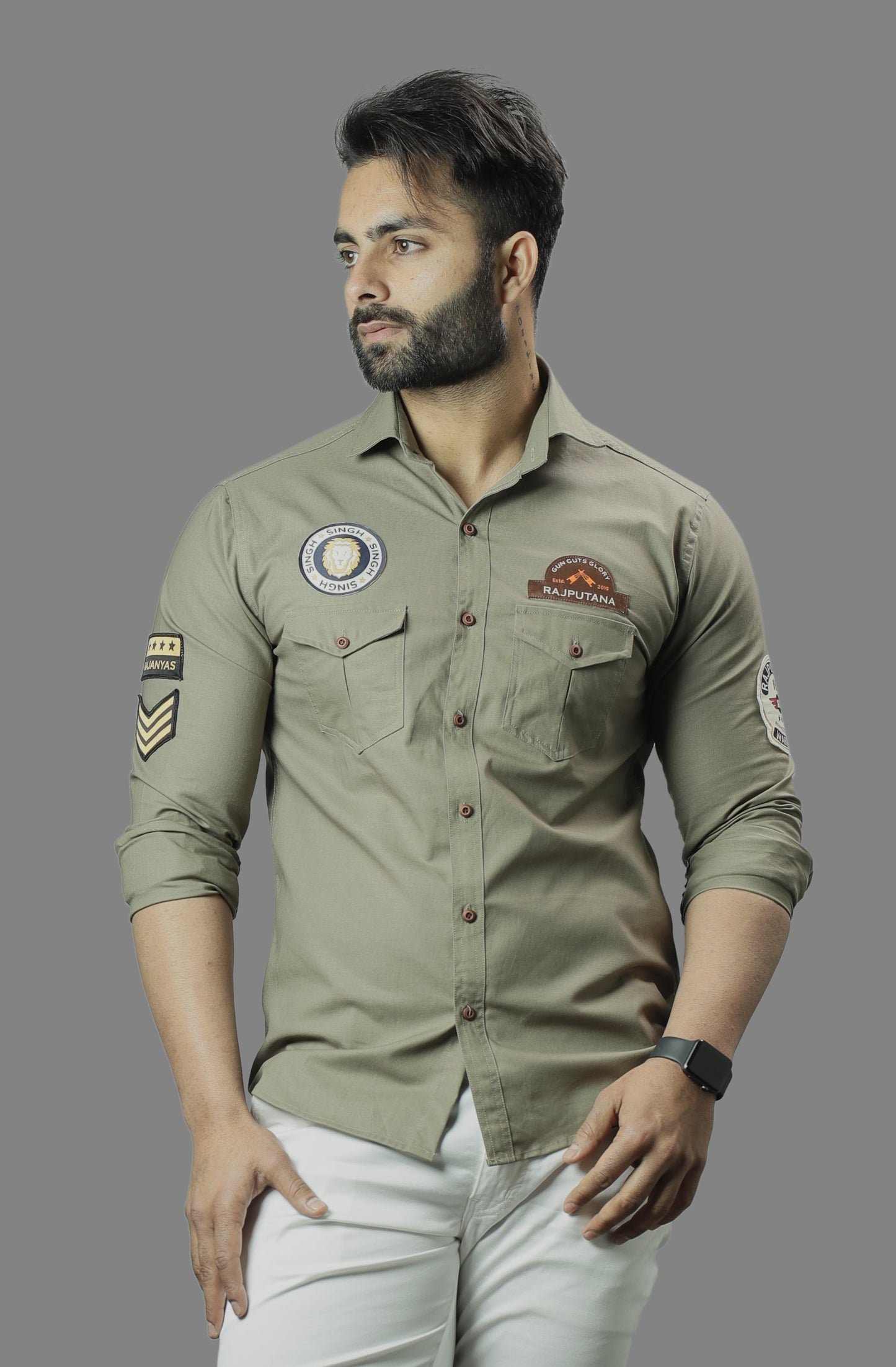 Chartreuse Green Pure Semi-Hunting Style Rajputana Shirt