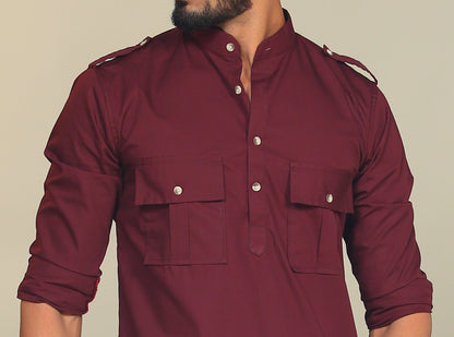 Maroon Short Collared Hunting Style Kurta