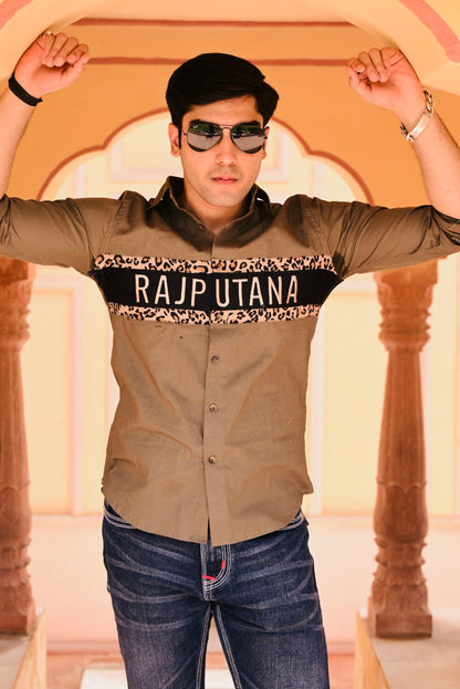 Solid Cotton Tiger Print Stripe Moss Green Rajputana Shirt