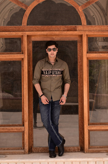 Solid Cotton Tiger Print Stripe Moss Green Rajputana Shirt