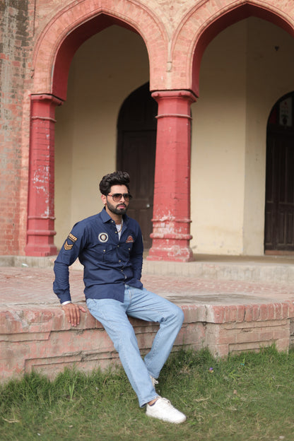 Navy Blue Pure Semi Hunting Style Rajputana Shirt