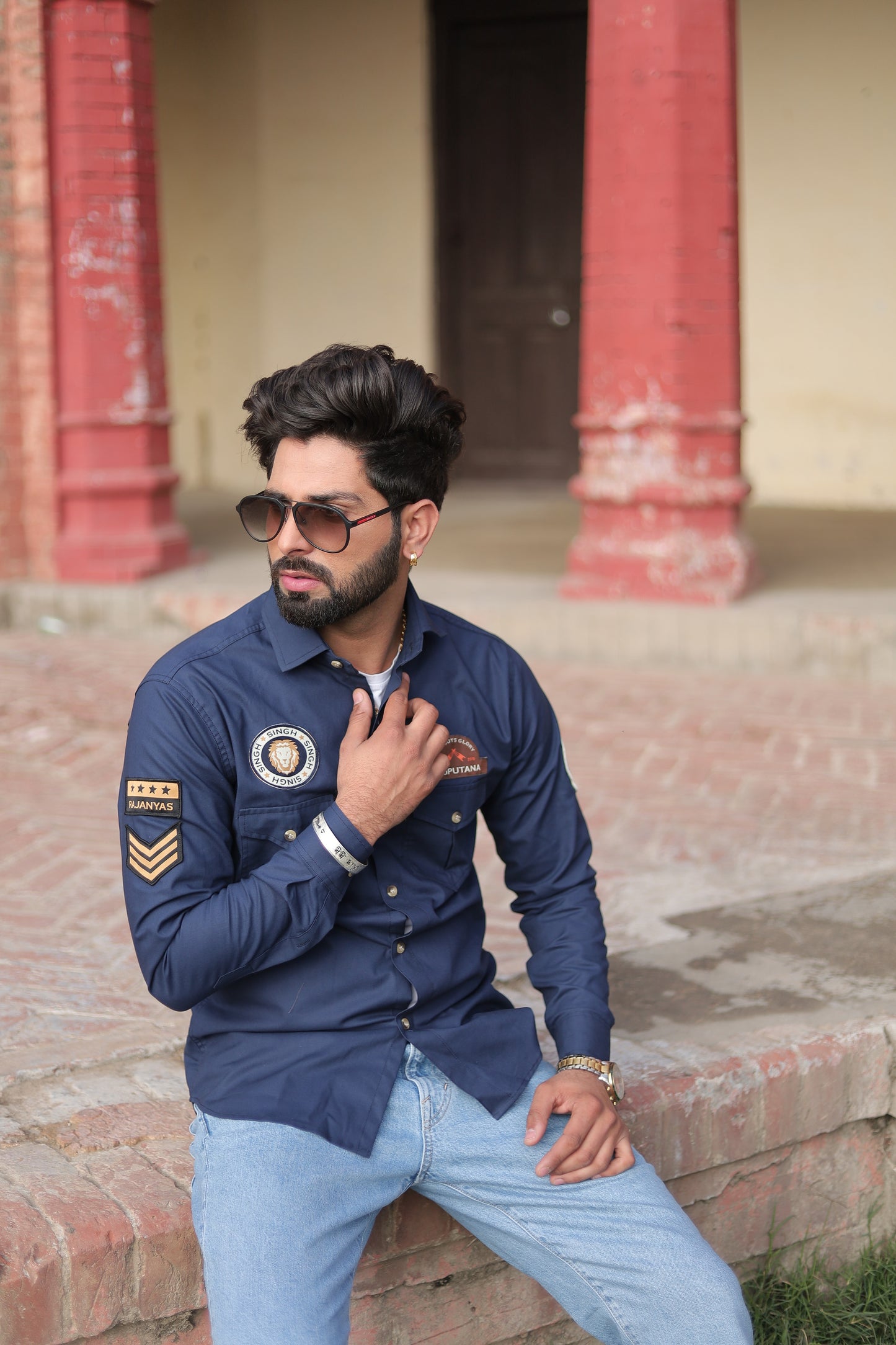 Navy Blue Pure Semi Hunting Style Rajputana Shirt