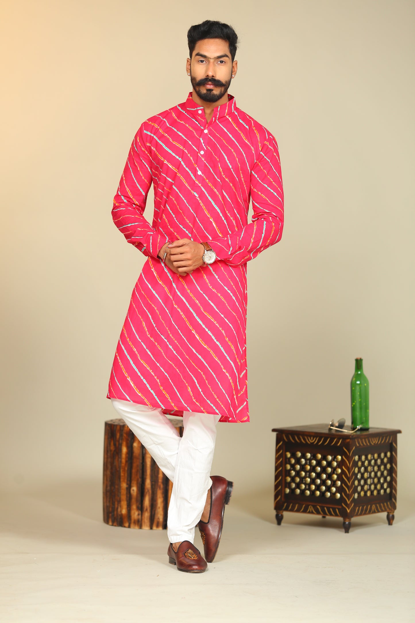 Leheriya Sanganeri Booty Printed Rose Pink Cotton Kurta Pajama, Traditional Indian Ethnic, Functional Dress, Diwali-Eid Wear