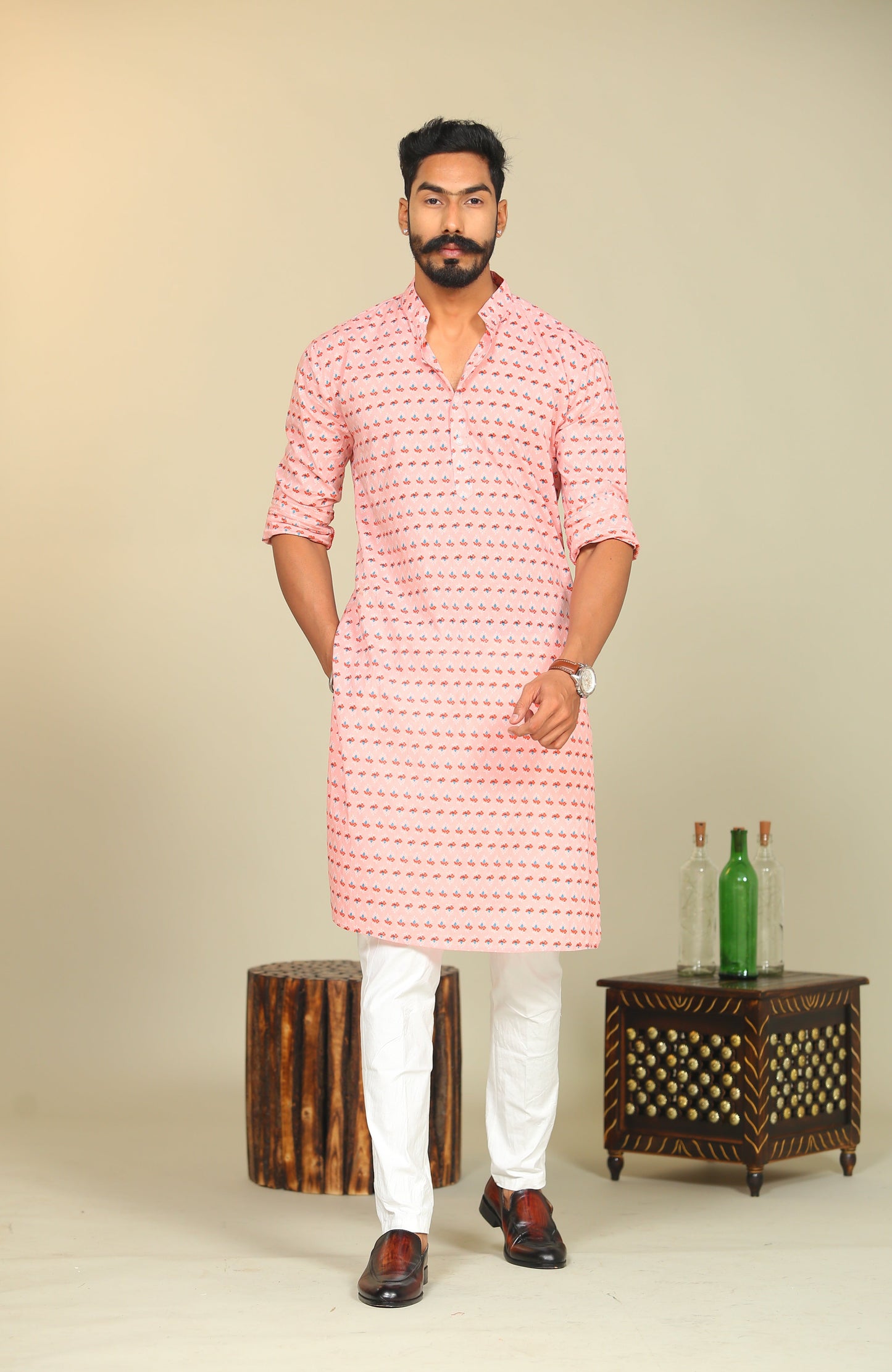 Cotton Sanganeri Booti Printed Pink Kurta Pajama