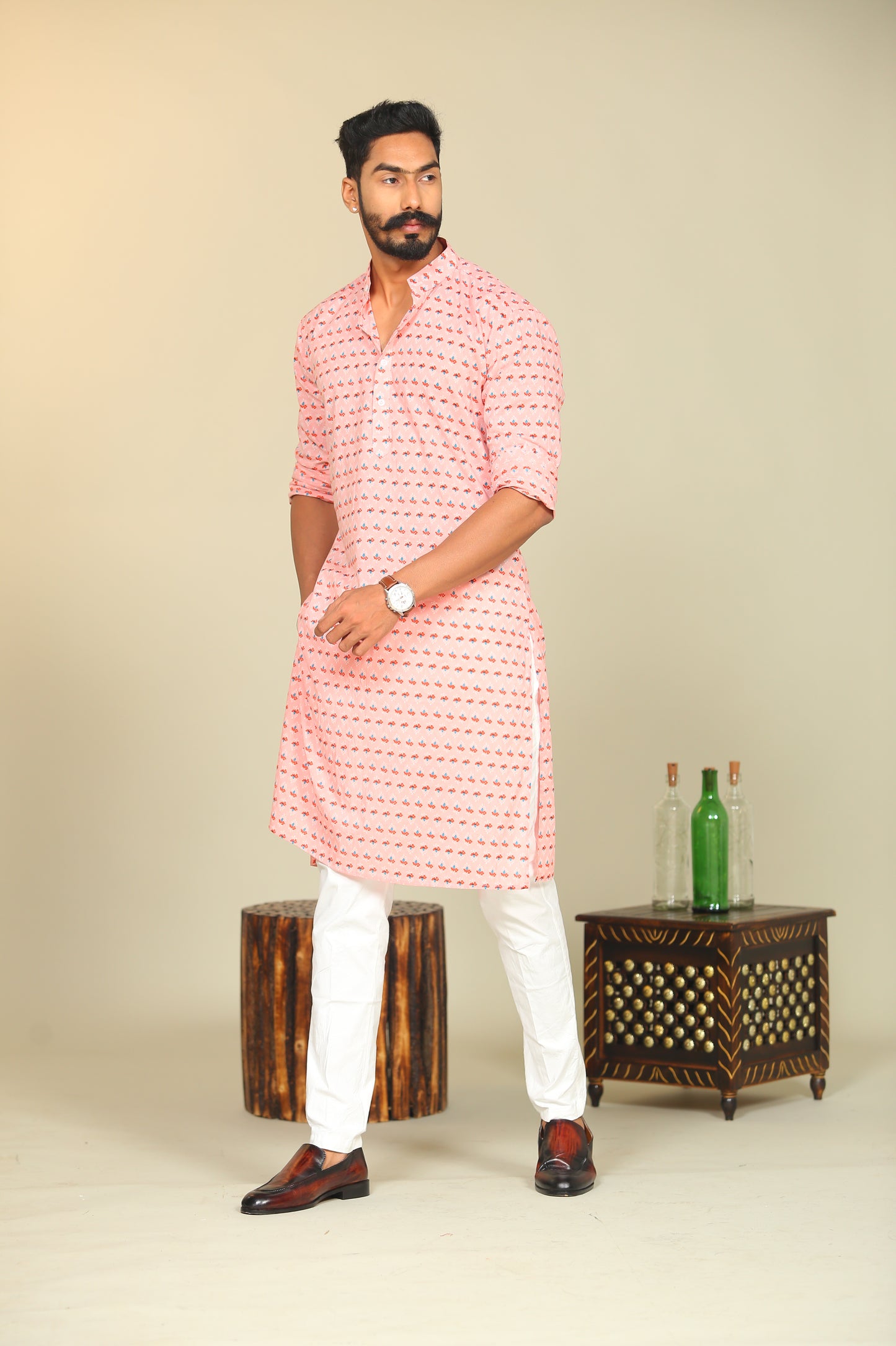 Cotton Sanganeri Booti Printed Pink Kurta Pajama