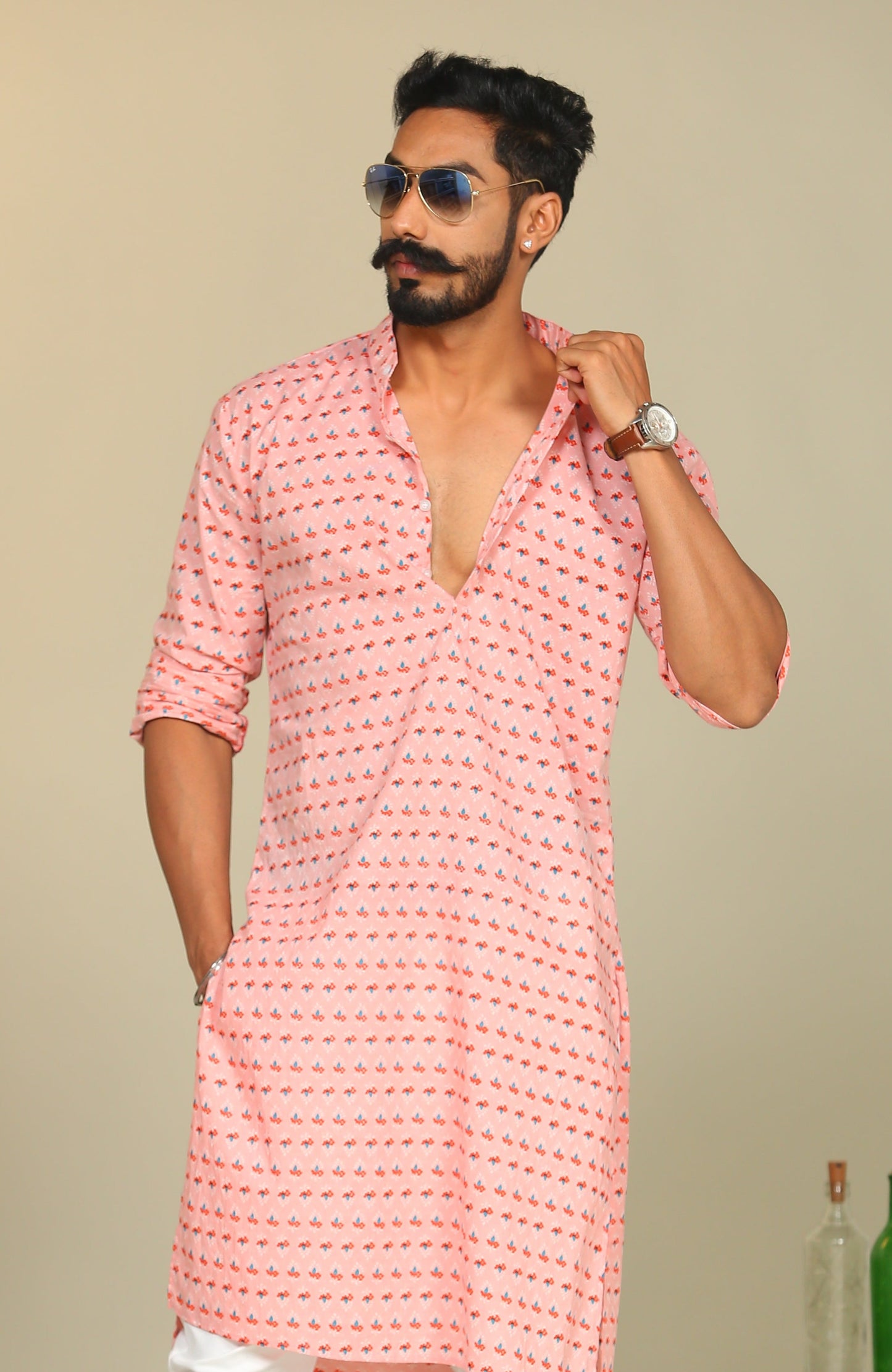 Cotton Sanganeri Booti Printed Pink Kurta Pajama
