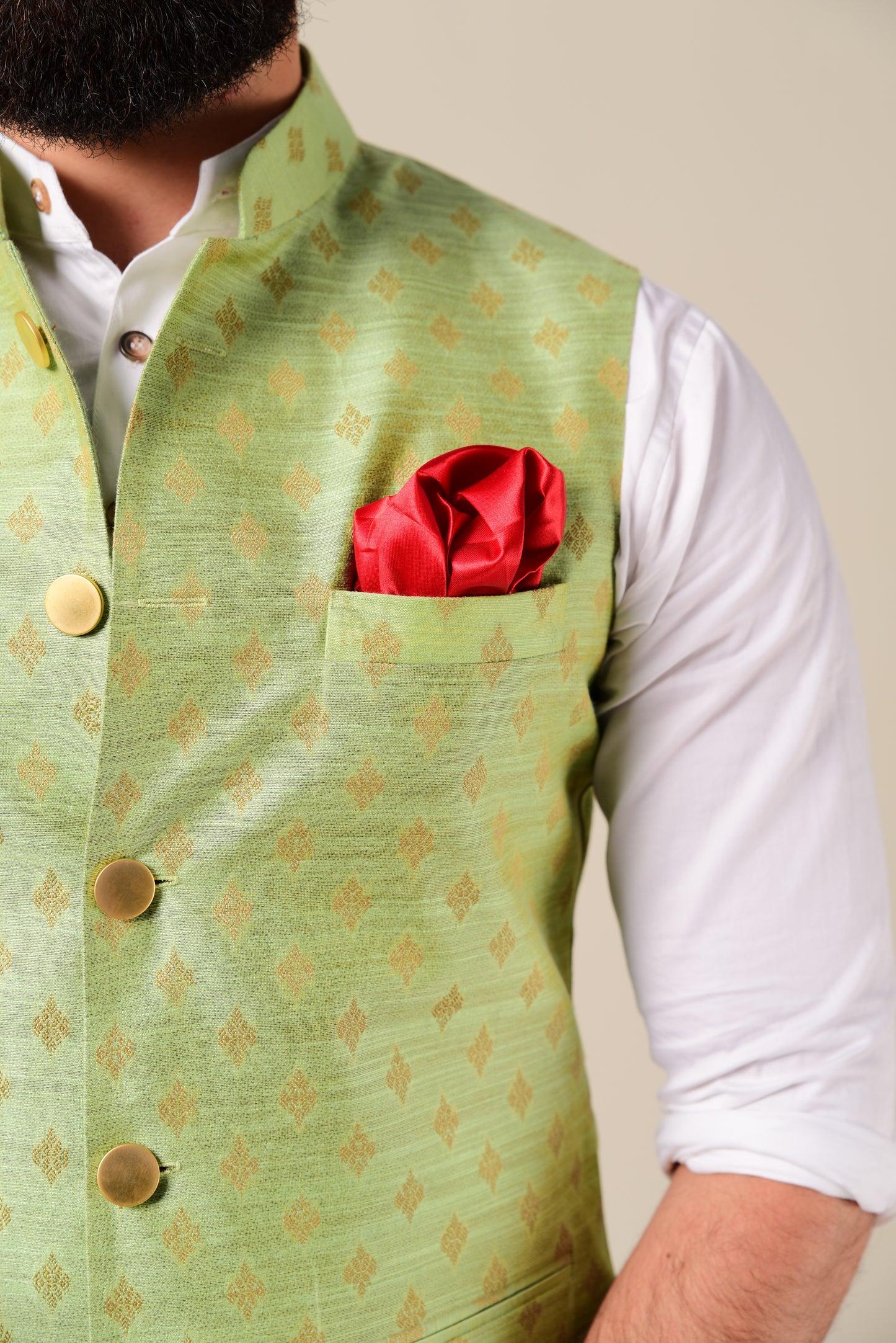 Handloom Brocade Silk Green Color Nehru Jacket With Kurta Pajama Set