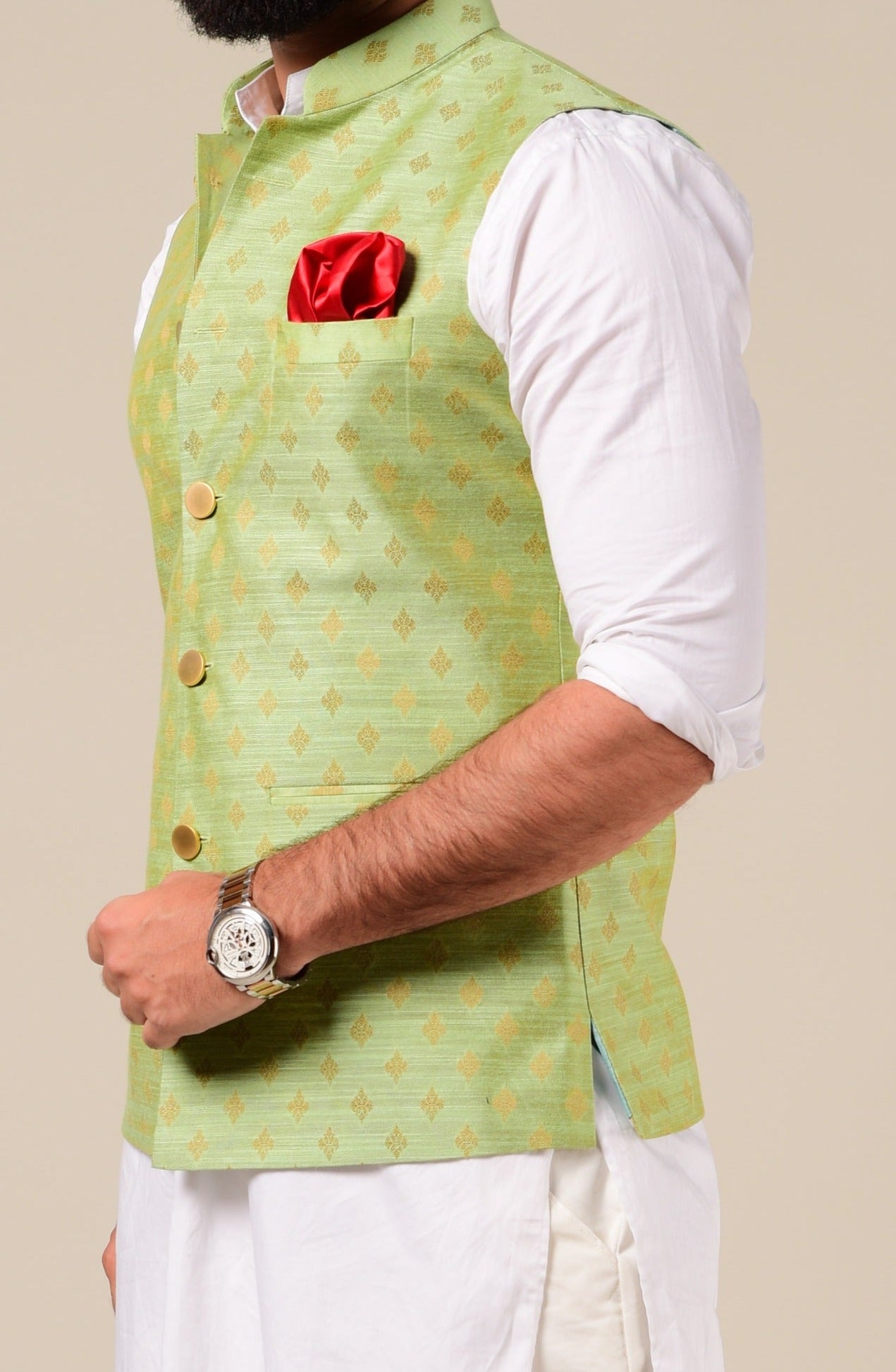 Handloom Brocade Silk Green Color Nehru Jacket With Kurta Pajama Set