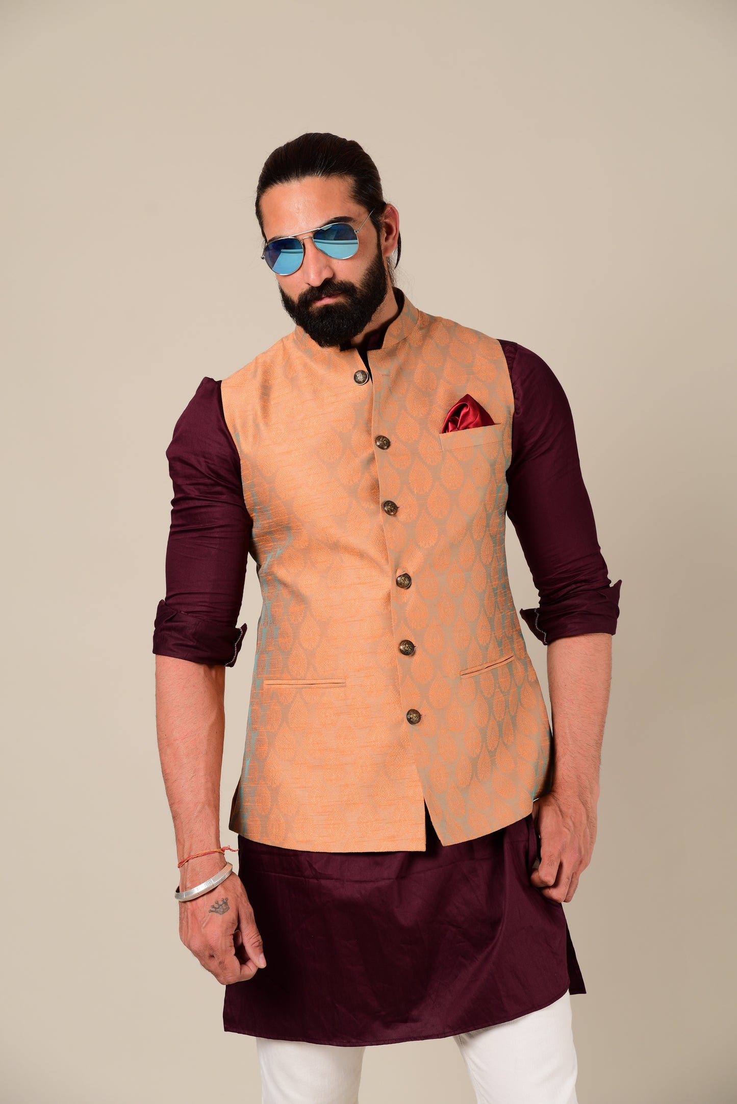 Rust Cyan Designer Brocade Half Jodhpuri Jacket With Kurta Pajama Set