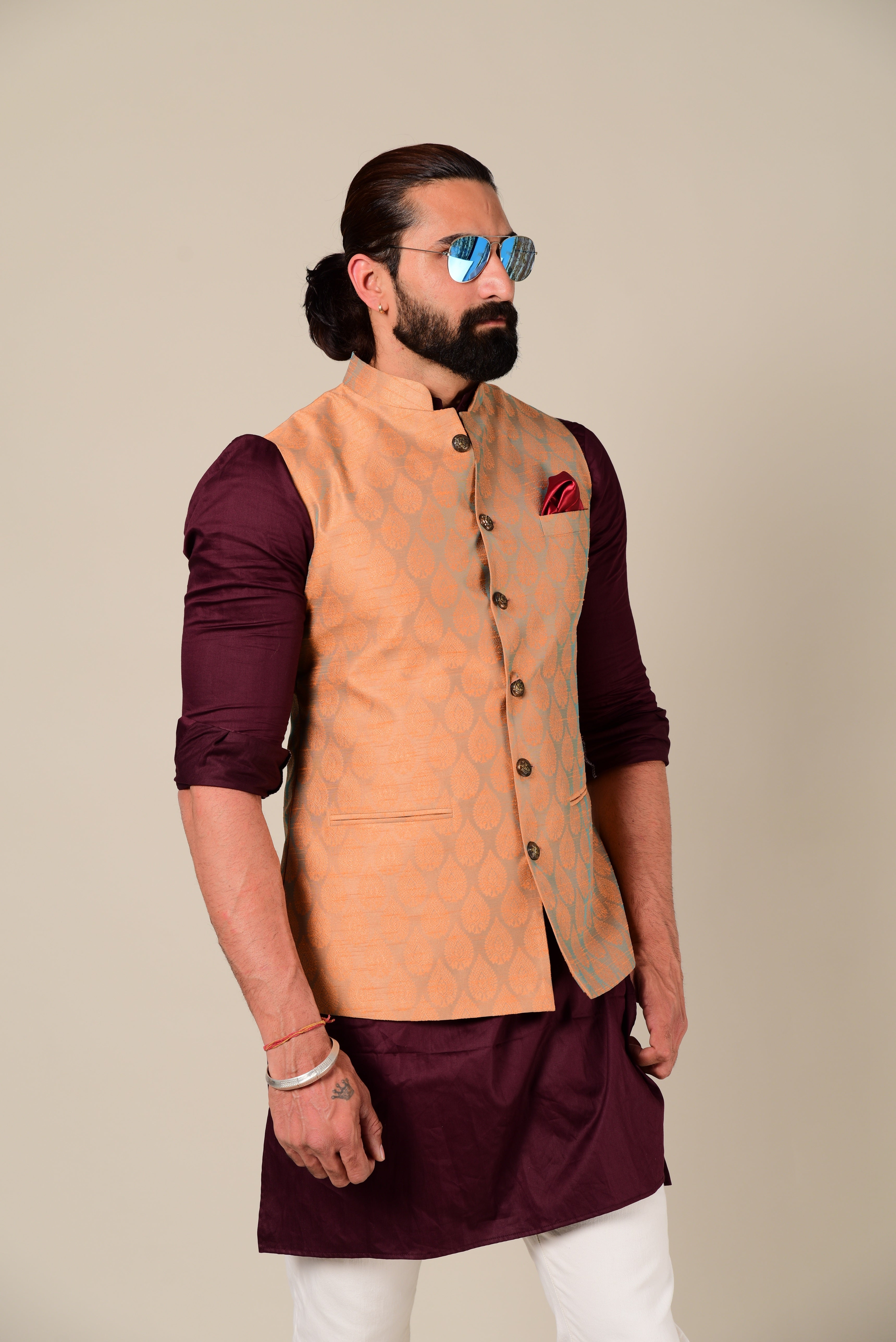 Jaipuri Booti Pattern Brown Half Jodhpuri Jacket with Kurta Pajama Set –  Rajanyas