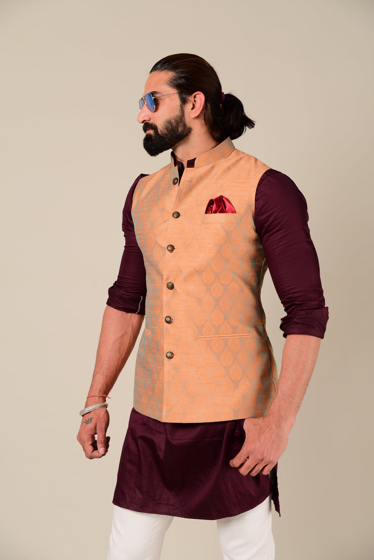 Rust Cyan Designer Brocade Half Jodhpuri Jacket With Kurta Pajama Set
