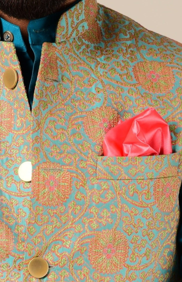 Sage Green And Pink Brocade Half Jodhpuri Jacket with Kurta Pajama Set