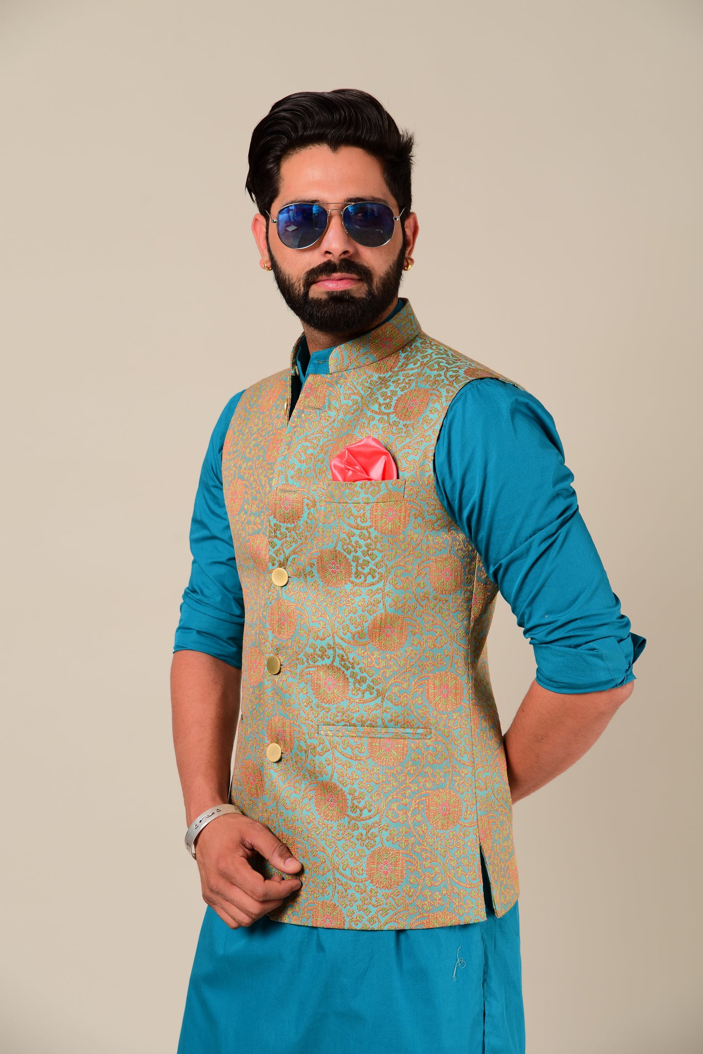 Sage Green And Pink Brocade Half Jodhpuri Jacket with Kurta Pajama Set