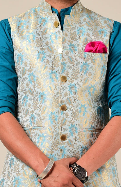 Handmade Sky Blue-Golden Brocade Silk Jodhpuri Half Jacket with Kurta Pajama Set