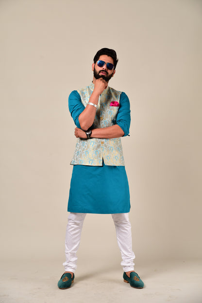 Handmade Sky Blue-Golden Brocade Silk Jodhpuri Half Jacket with Kurta Pajama Set