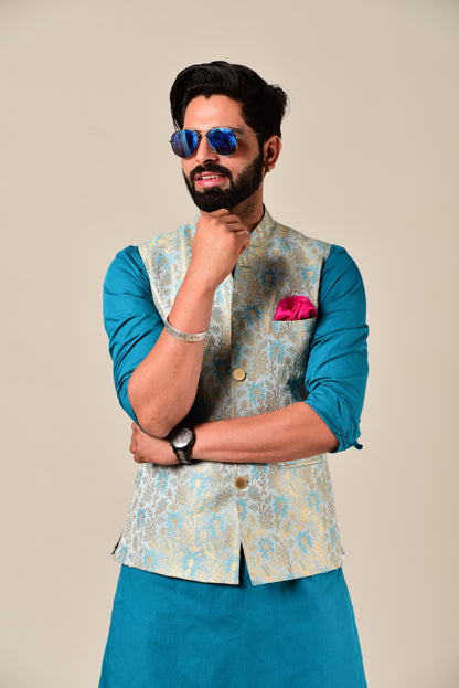 Handmade Sky Blue-Golden Brocade Silk Jodhpuri Half Jacket with Kurta Pajama Set