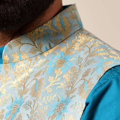 Handmade Sky Blue-Golden Brocade Silk Jodhpuri Half Jacket with Kurta Pajama Set