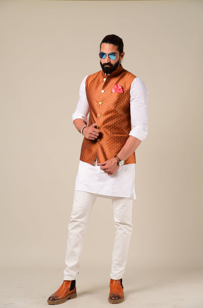 Elegant Bright Rust Half Jodhpuri Jacket With Kurta Pajama Set