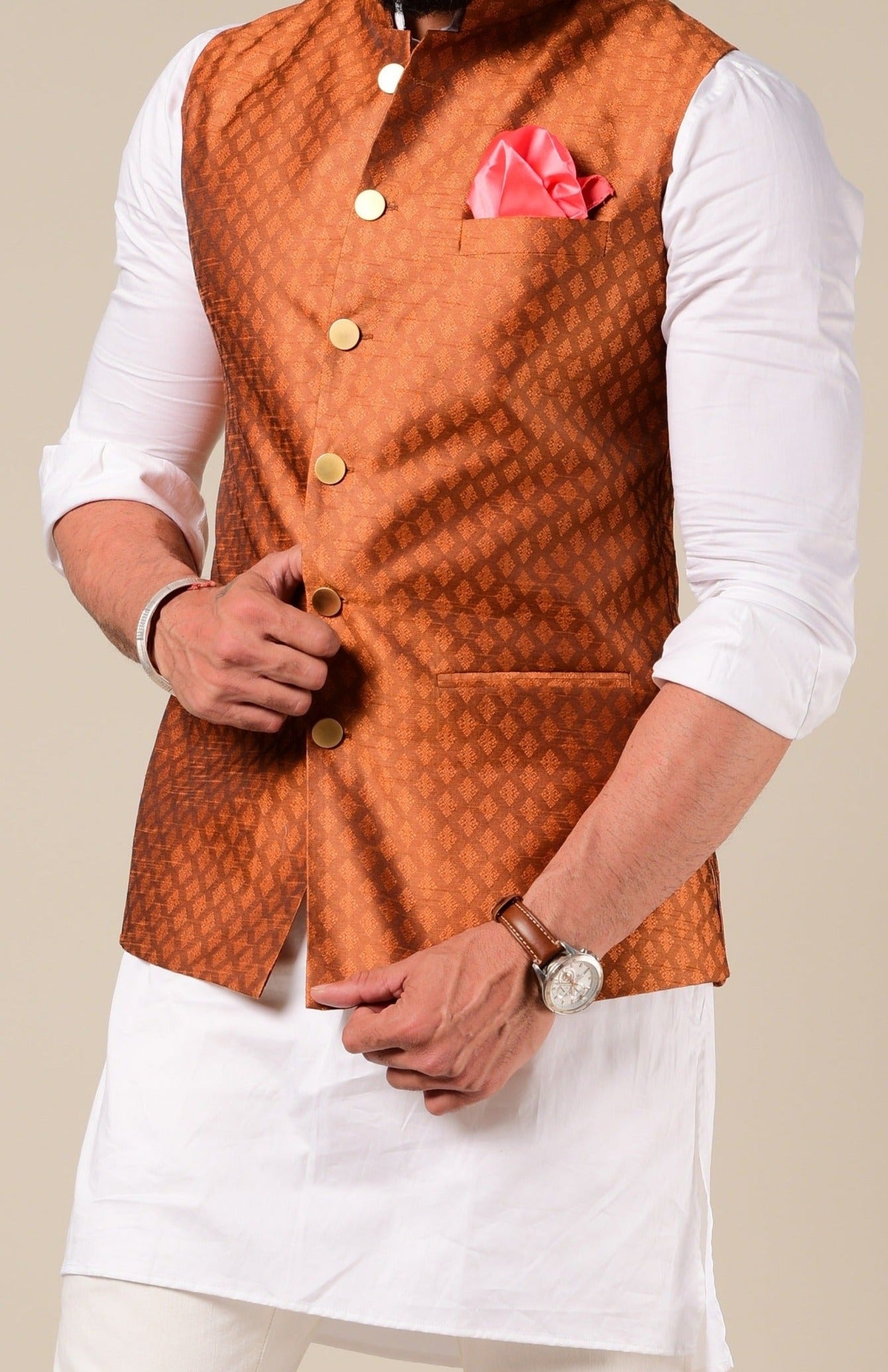 Elegant Bright Rust Half Jodhpuri Jacket With Kurta Pajama Set