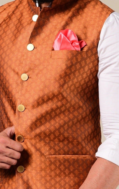 Elegant Bright Rust Half Jodhpuri Jacket With Kurta Pajama Set