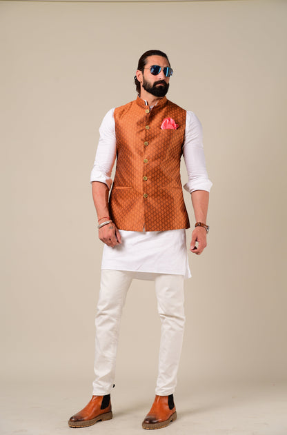 Elegant Bright Rust Half Jodhpuri Jacket With Kurta Pajama Set