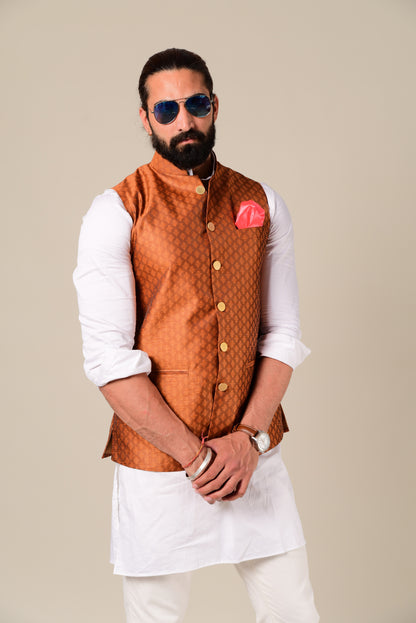 Elegant Bright Rust Half Jodhpuri Jacket With Kurta Pajama Set