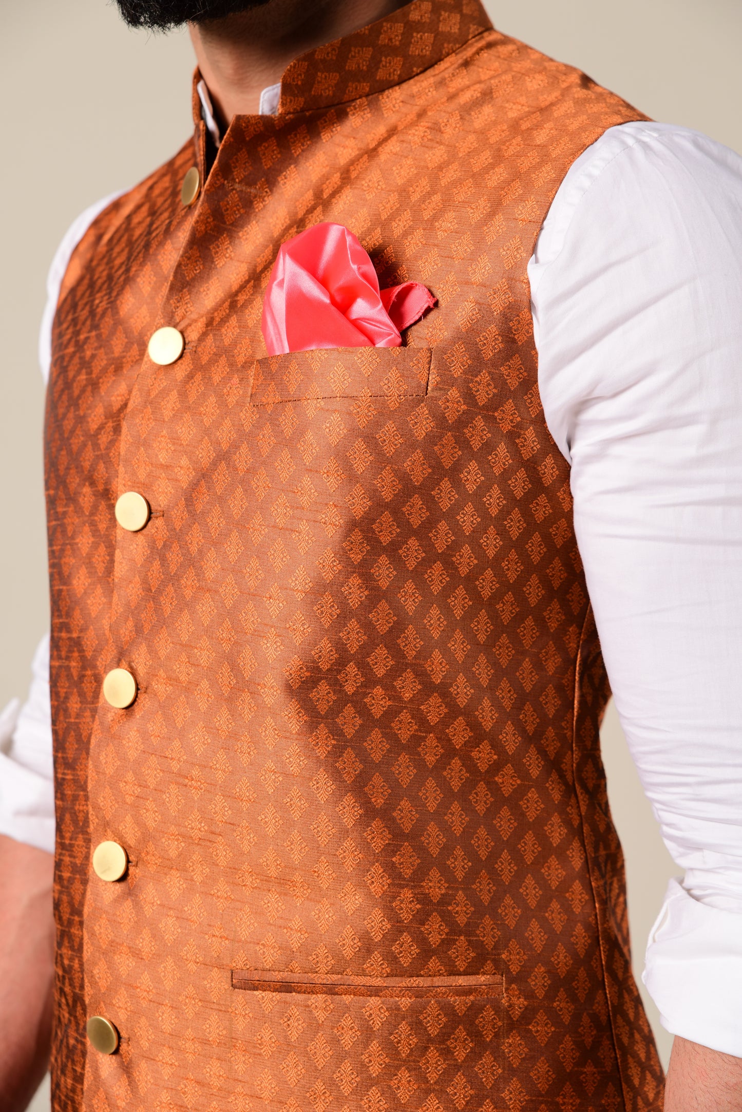 Elegant Bright Rust Half Jodhpuri Jacket With Kurta Pajama Set